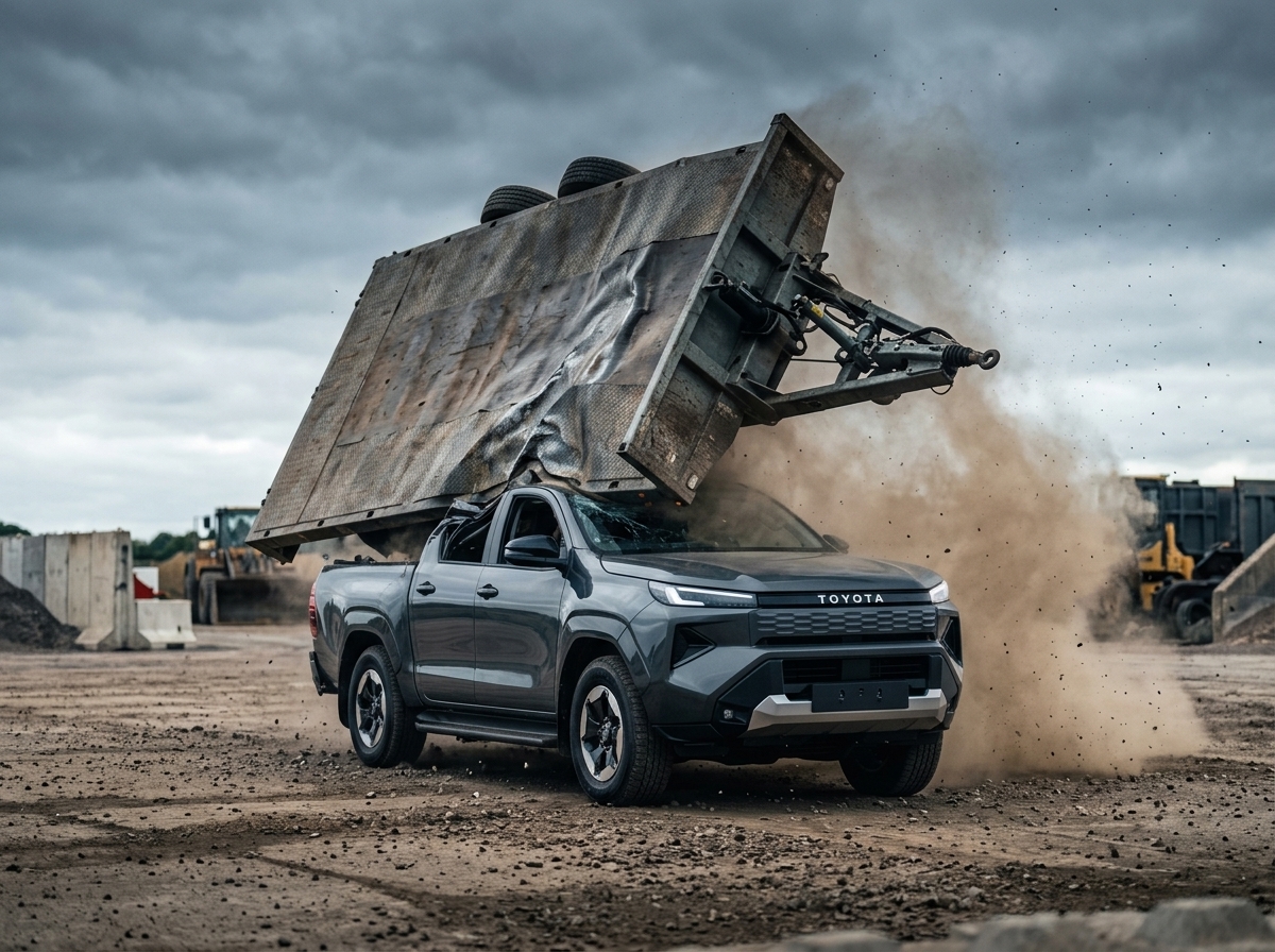 Toyota joga trailer de 760 kg sobre a cabine da Hilux elétrica em teste inspirado no Top Gear
