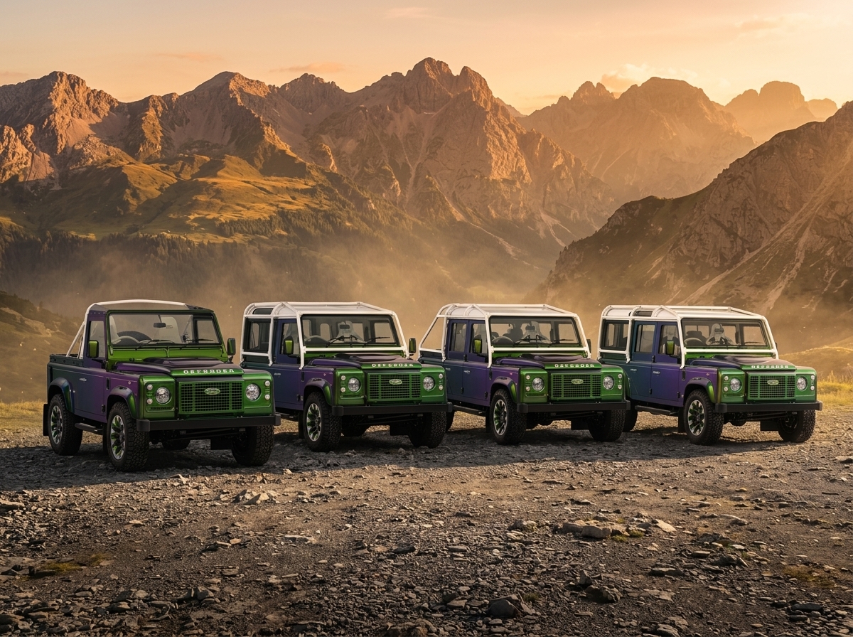 Land Rover resgata quatro Defender V8 clássicos com pintura furta-cor exclusiva