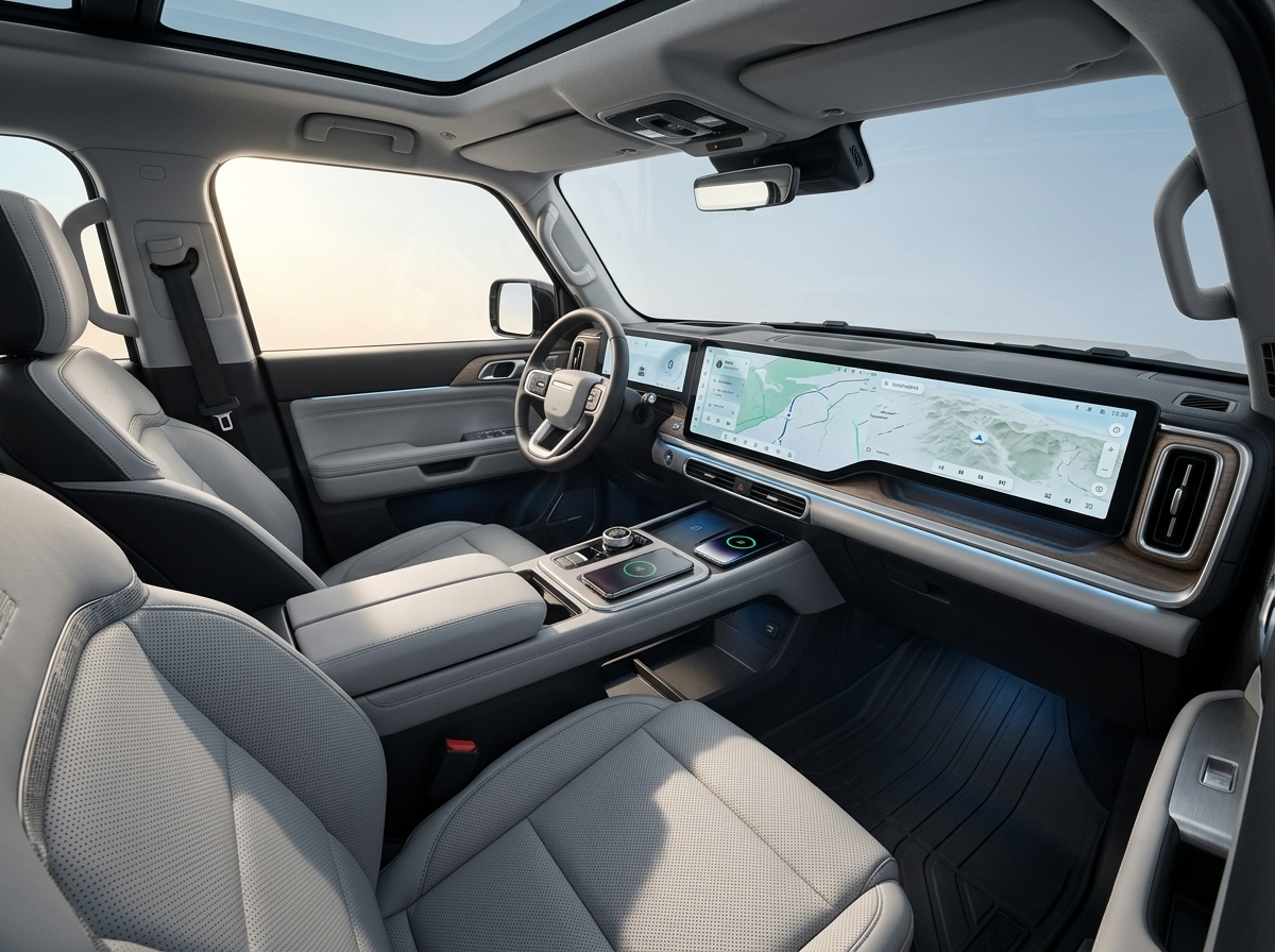 Chery revela interior de novo SUV eletrificado aventureiro com tela central grande e dois carregadores sem fio