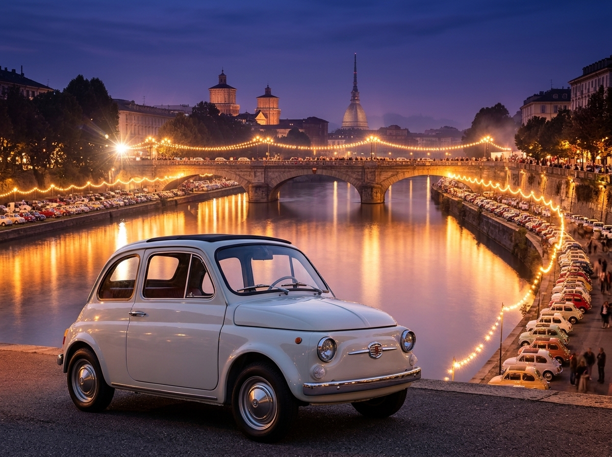Fiat 500 completa 50 anos com festa épica às margens do rio Pó em Turim