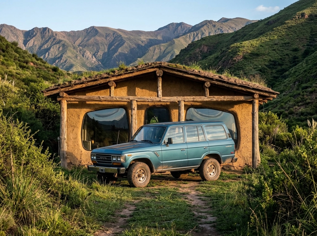 Casa construída com para-brisas de carros, barro e madeira vira símbolo de vida sustentável nas serras argentinas