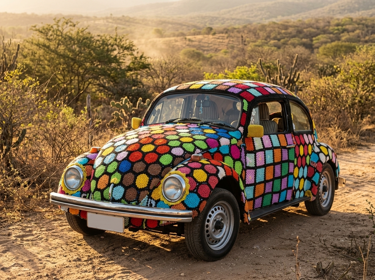 Fusca coberto de crochê vira obra de arte nas mãos de artesã alagoana