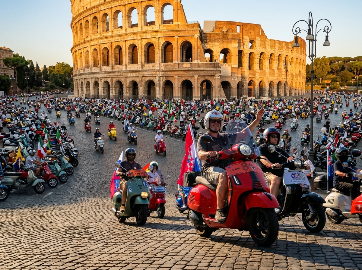 Roma para, e 10 mil Vespas tomam conta das ruas para celebrar 80 anos da scooter italiana