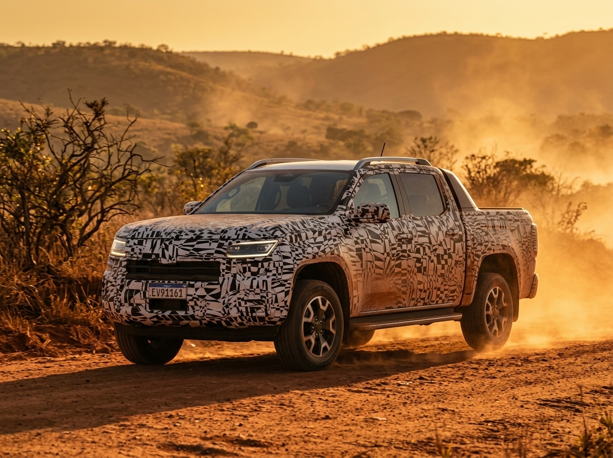 Nova VW Amarok 2027 é flagrada no Brasil com menos camuflagem e origem chinesa à vista